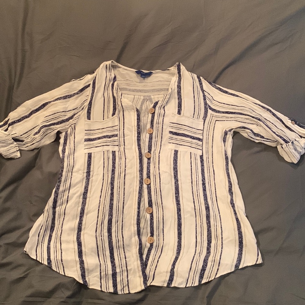 Apt 9 linen look Button down white blue tan stripe L Large blouse